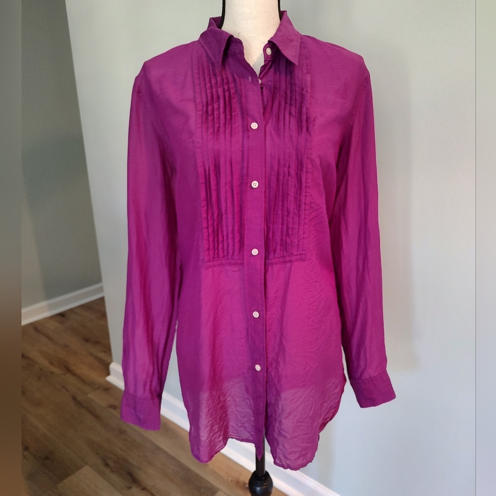 Lauren Ralph Lauren Magenta Pintuck Cotton Silk Blend Button Down Size 16 - Picture 2 of 9